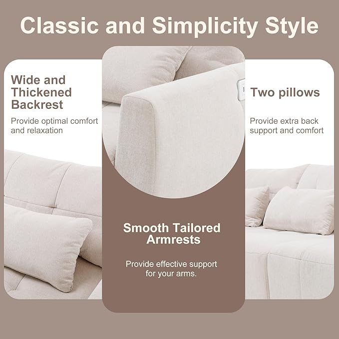 113.3" L-Shaped Sectional 3-Seat Sofa, Convertiblet Chenille Upholstered Couch with Movable Ottoman and two USB Ports for Apartment, Living Room, Bedroom, 113.3 Inch, Beige - LeafyLoom