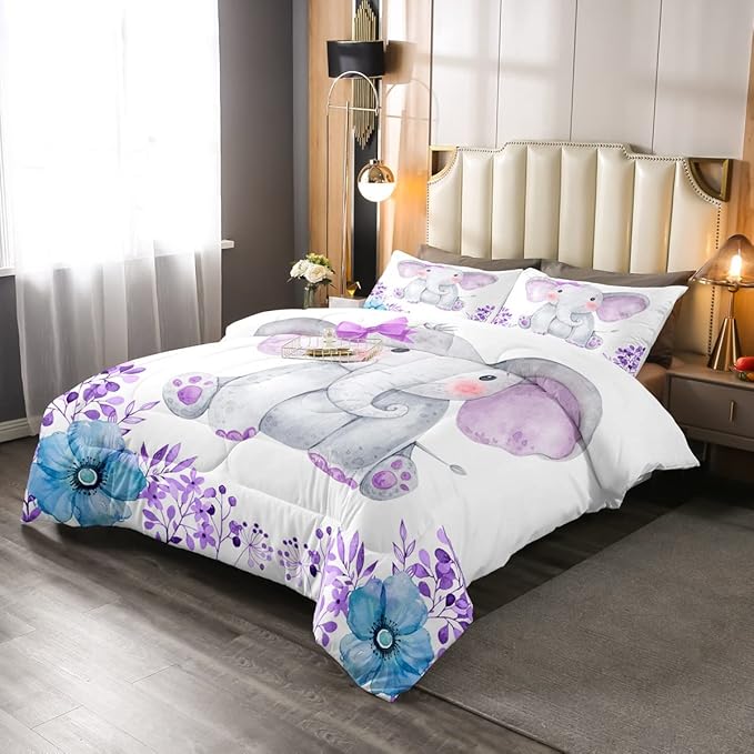 Kids Elephant Bedding Set Cute Animal Comforter Set Twin For Girls Boys Kawaii Room Decor, Flower Branches Duvet Sets Cartoon Elephant With Floral Down Comforter With 1 Pillow Case, Purple Blue - LeafyLoom
