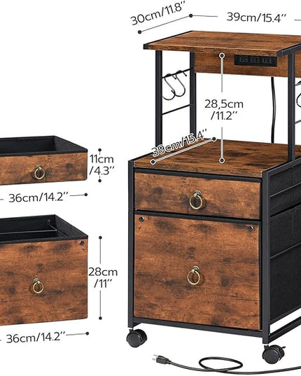 HOOBRO 2-Drawer File Cabinet, Filing Cabinet with Charging Station, Vertical Office Cabinet with Open Storage Shelf, Printer Stand, A4/Letter Size, Nonwovens Drawer, Rustic Brown BF23UWJ01 - LeafyLoom