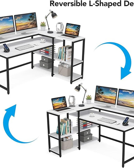 Reversible L Shaped Computer Desk with Storage Shelf, Industrial Corner Desk with Monitor Stand for Home Office - LeafyLoom