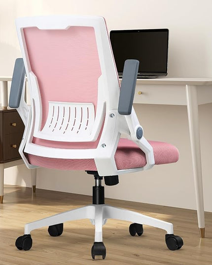 COMHOMA Office Chair with Flip-up Armrests Ergonomic Computer Desk Chair Foldable Mesh Task Chair with Wheels Adaptive Lumbar Support Swivel Tilt Comfortable Study Chair for Student, Pink - LeafyLoom