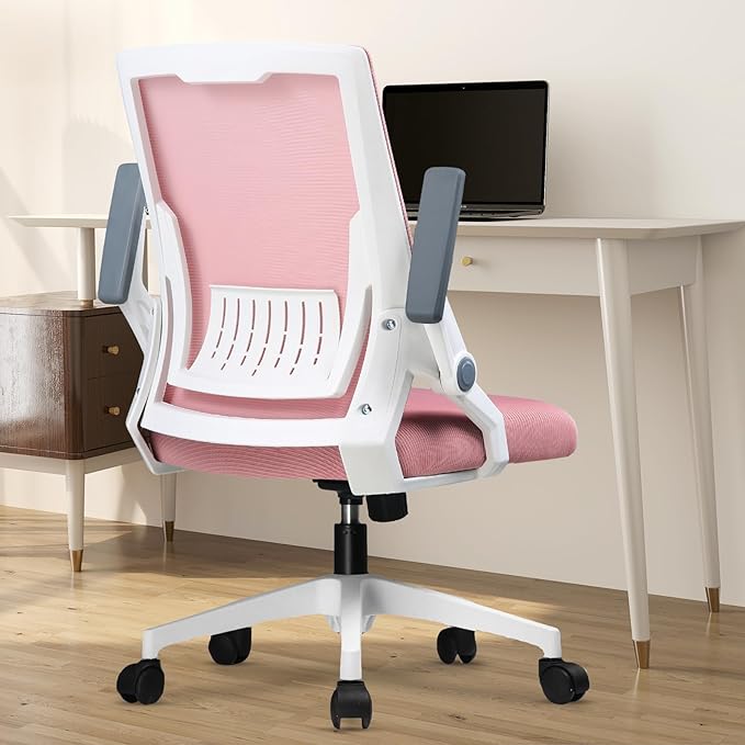 COMHOMA Office Chair with Flip-up Armrests Ergonomic Computer Desk Chair Foldable Mesh Task Chair with Wheels Adaptive Lumbar Support Swivel Tilt Comfortable Study Chair for Student, Pink - LeafyLoom