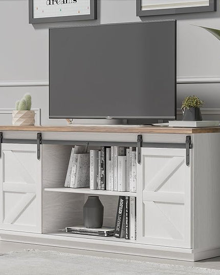 YESHOMY Farmhouse TV Stand and Entertainment Center for Televisions up to 65 Inchs, with Sliding Barn Doors and Storage Cabinets, Console Table and Media Furniture for Living Room, 58 Inch, White - LeafyLoom