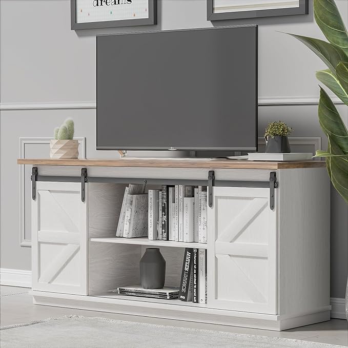 YESHOMY Farmhouse TV Stand and Entertainment Center for Televisions up to 65 Inchs, with Sliding Barn Doors and Storage Cabinets, Console Table and Media Furniture for Living Room, 58 Inch, White - LeafyLoom
