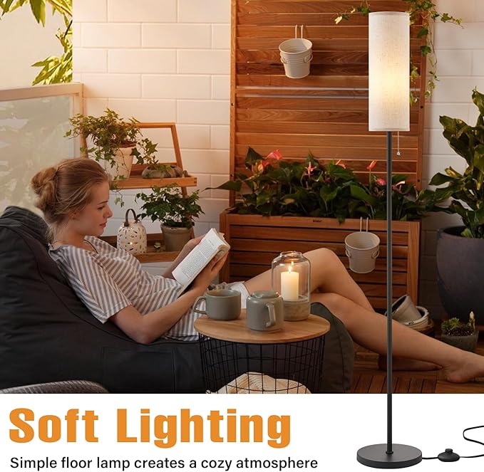 Ambimall 64'' Floor Lamp for Living Room with Bulb - Tall Lamps with Beige Lampshade & Pull Chain Switch, Pole Lamps for Bedrooms Tall, Minimalist Floor Lamp - LeafyLoom