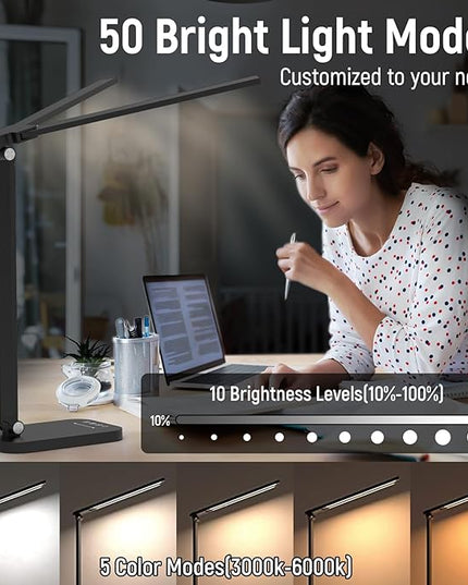 Adjustable Foldable Desk Lamp for Home Office - Double Swing Arm Bright LED Desk Light, Eye-Caring Architect Task Lamp, Touch Control Desktop Lamp Dimmable Table Desk Light for Work/Study/Craft - LeafyLoom