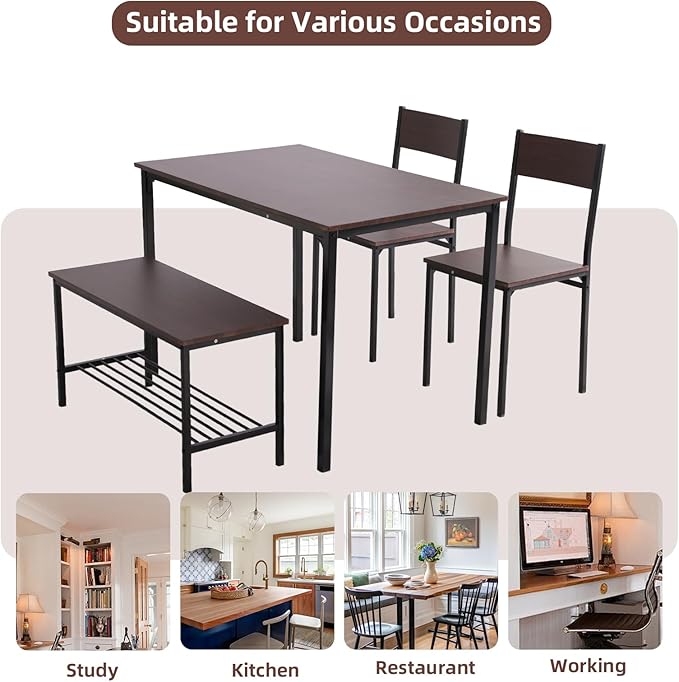 Dining Table Set for 4 Person - Wooden Kitchen Table Chairs Set Modern Dining Table with 2 Chairs and Bench with Storage, PVC Wood Grain Waterproof for Apartments, Restaurants - LeafyLoom
