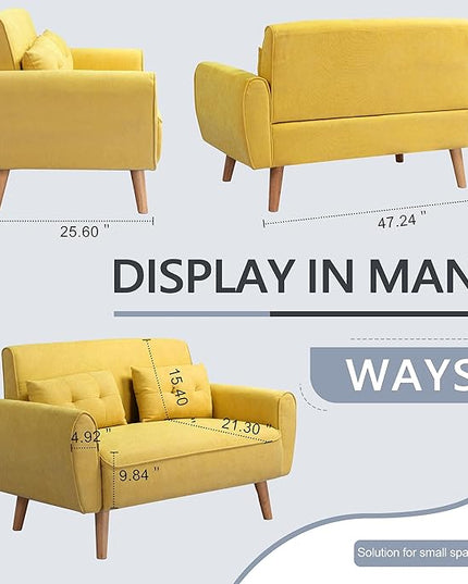 Shintenchi 47" Small Modern Loveseat Couch Sofa, Fabric Upholstered 2-Seat Sofa, Love Seat Furniture with 2 Pillows, Wood Leg for Small Space, Living Room, Bedroom, Apartment, Yellow - LeafyLoom