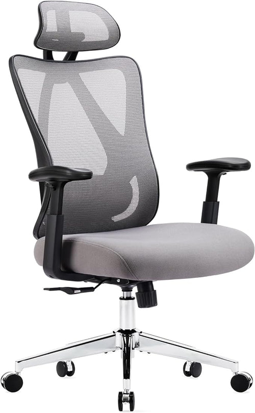 Sweetcrispy Ergonomic Office Desk Computer Chair, High Back Comfy Swivel Home Gaming Mesh Chairs with Wheels, Adjustable Lumbar Support, Headrest, Liftable 2D Arms,135° Tilt for Bedroom, Study, Grey - LeafyLoom