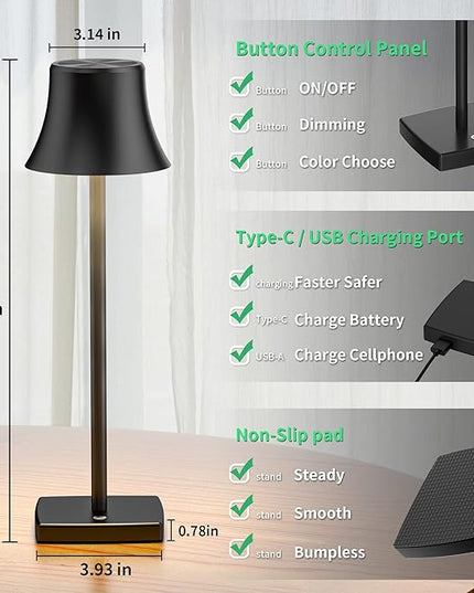 SAKRINGT LED Cordless Table Lamps Rechargeable,5000mAh Battery Operated Table Light,3 Color Stepless Dimming,Portable Small Desk Lamp in Aluminum for Party Patio Restaurant Indoor/Outdoo - LeafyLoom