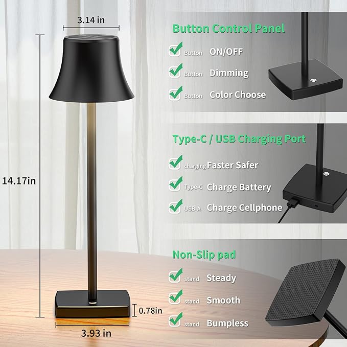 SAKRINGT LED Cordless Table Lamps Rechargeable,5000mAh Battery Operated Table Light,3 Color Stepless Dimming,Portable Small Desk Lamp in Aluminum for Party Patio Restaurant Indoor/Outdoo - LeafyLoom