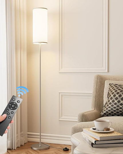 Floor Lamp for Living Room, Modern Standing lamp with Remote Control, Stepless Dimmable 12W Bulb & Beige Lampshade Included, Brushed Nickel Pole Tall Floor Lamp for Bedroom Office - LeafyLoom