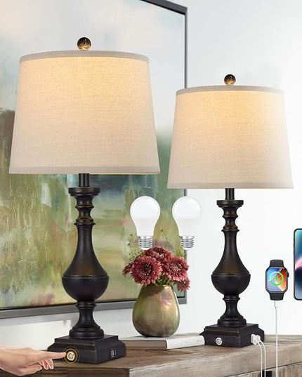 AKASUKI 27.5 Inch Black Farmhouse Table Lamps for Living Room Set of 2 with USB and Type-C Port, 3-Way Dimmable Table Lamps for Bedroom Vintage Rustic Bedside Lamps for bedrooms(2 Bulbs Included) - LeafyLoom