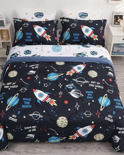 Wajade Kids Space Comforter Set Bed in A Bag Twin Size 7 Piece 3D Space Rocket Planets Bedding Set for Teens Boys Girls (1 Comforter, 1 Flat Sheet, 1 Fitted Sheet, 2 Pillowcase and 2 Pillow Sham) - LeafyLoom