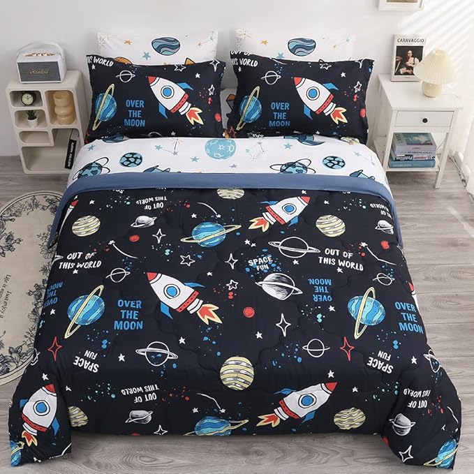 Wajade Kids Space Comforter Set Bed in A Bag Twin Size 7 Piece 3D Space Rocket Planets Bedding Set for Teens Boys Girls (1 Comforter, 1 Flat Sheet, 1 Fitted Sheet, 2 Pillowcase and 2 Pillow Sham) - LeafyLoom