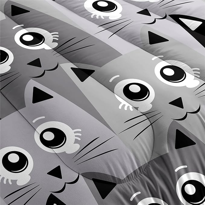 Cartoon Cat Bedding Set - 3Pcs Cute Cat Comforter Set for Bedroom Kids Boys Girls Cat Bedding Decor for All-Season Kawaii Kitten Pattern Lovely Animal 1 Cat Comforter with 2 Pillowcases, Full Size - LeafyLoom