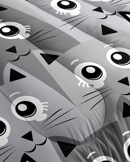 Cat Queen Comforter Set for Bedroom - 3Pcs Grey Cat Comforter Set for Teens Kids Cute Cartoon Cat Bedding Set Ultra Soft Warm Lightweight Kawaii Animal Patterns Comforter with 2 Pillowcases - LeafyLoom