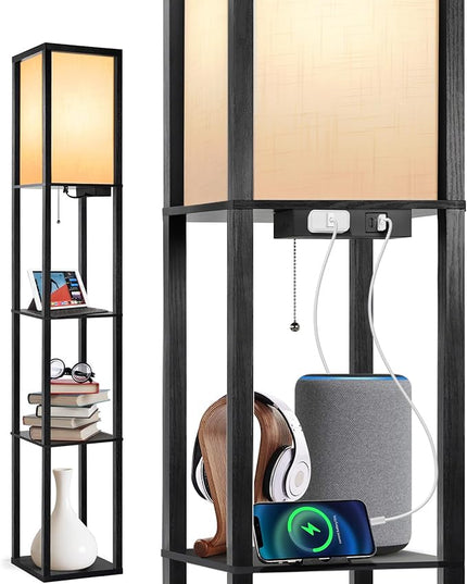 OUTON Floor Lamp with Shelves, LED Shelf Floor Lamp with 1 USB & 1 Type C Ports, 1 AC Outlet, 3 Color Temperature, Storage Display Wood Column Tall Standing Lamp for Living Room, Bedroom Office, Black - LeafyLoom