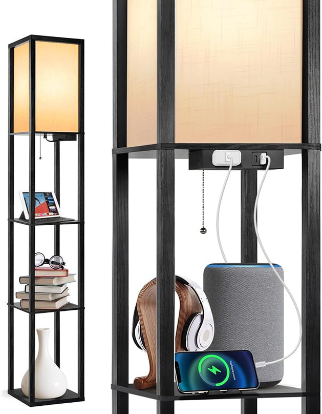 OUTON Floor Lamp with Shelves, LED Shelf Floor Lamp with 1 USB & 1 Type C Ports, 1 AC Outlet, 3 Color Temperature, Storage Display Wood Column Tall Standing Lamp for Living Room, Bedroom Office, Black - LeafyLoom