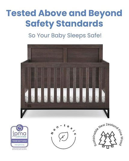 Simmons Kids Foundry 6-in-1 Convertible Baby Crib, Rustic Grey with Matte Black + Quiet Nights Breathable Crib Mattress with Removable/Machine Washable Cover (Bundle) - LeafyLoom
