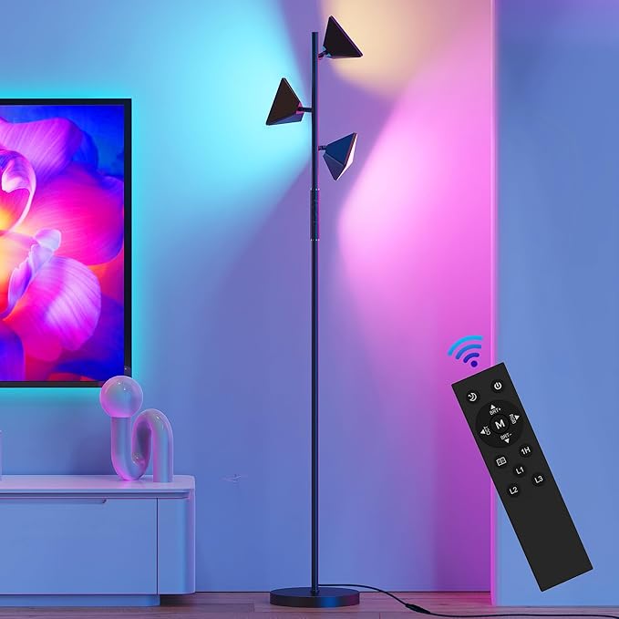QiMH RGBCW Floor Lamp, 36W Stepless Dimmable LED Tall Standing Lamp with Touch and Remote Control, 4 Color Temperatures, 3 Rotatable Light Tree Floor Lamp for Living Room, Bedroom, Home, Office - LeafyLoom