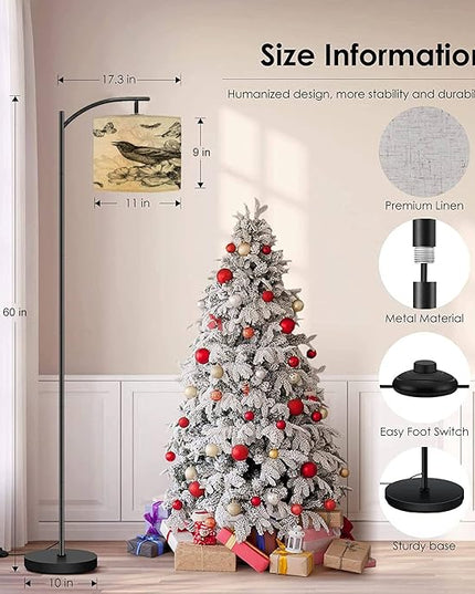 Modern Arc Floor Lamp with Dimmer Mid Century Vintage Birds Roses Butterflies Metal Standing Lamp with Linen Shade Footswitch for Living Room Bedroom Office - LeafyLoom