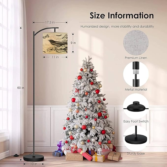 Modern Arc Floor Lamp with Dimmer Mid Century Vintage Birds Roses Butterflies Metal Standing Lamp with Linen Shade Footswitch for Living Room Bedroom Office - LeafyLoom