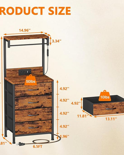 Furnulem Tall Nightstands Set of 2, Night Stand with 4 Drawers and and shelves, Tall Bedside Table with Charging Station and LED Lights for Bedroom, Office, Dorm (Rustic Brown) - LeafyLoom