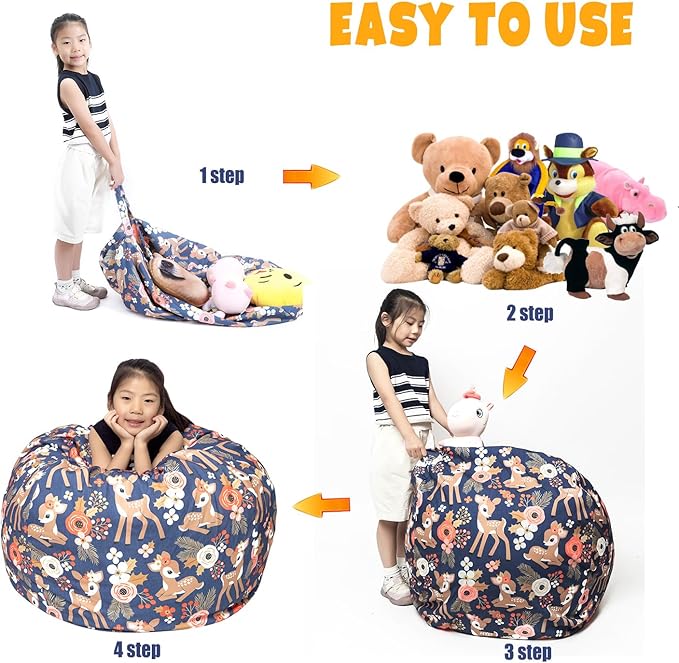Stuffed Animal Storage Bean Bag Chair Cover, Hold Kids Plush Toys Blankets Towels Beanbag (Cover Only), Canvas Floor Circle Stuff Sit Seat Sofa with YKK Zipper, Large 32", Fawn - LeafyLoom