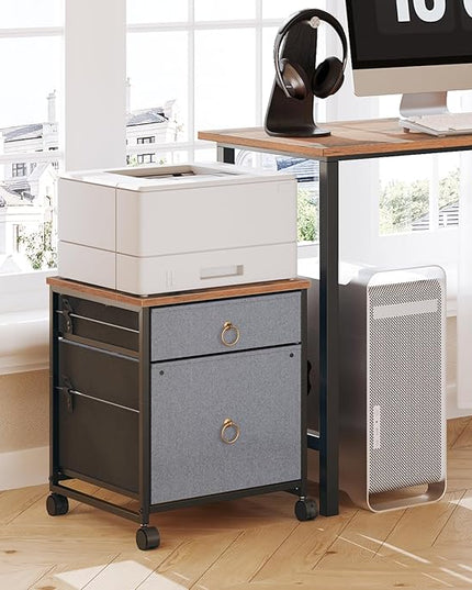 HOOBRO File Cabinet, 2-Drawer Filing Cabinet, Vertical Mobile Office Cabinet, Rolling Printer Stand, for A4/Letter Size Files, Nonwovens Drawer, for Home Office, Rustic Brown and Gray BFG21WJ01 - LeafyLoom