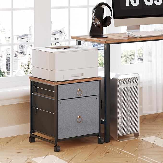 HOOBRO File Cabinet, 2-Drawer Filing Cabinet, Vertical Mobile Office Cabinet, Rolling Printer Stand, for A4/Letter Size Files, Nonwovens Drawer, for Home Office, Rustic Brown and Gray BFG21WJ01 - LeafyLoom
