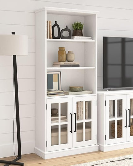 Bush Furniture Westbrook Tall 5 Shelf Bookcase with Glass Doors in White Ash | Farmhouse Bookshelf Cabinet for Living Room and Home Office - LeafyLoom