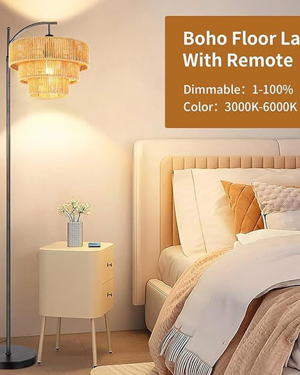 Boho Floor Lamp for Living Room with Remote,Arc Floor Lamps Rattan Standing Lamp Dimmable Farmhouse Tall Lamp with 3-Tier Wicker Lamp Shade Adjustable Black Floor Light for Bedroom Bohemian - LeafyLoom