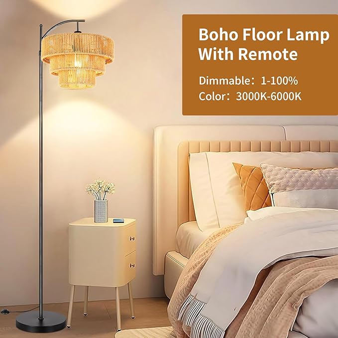 Boho Floor Lamp for Living Room with Remote,Arc Floor Lamps Rattan Standing Lamp Dimmable Farmhouse Tall Lamp with 3-Tier Wicker Lamp Shade Adjustable Black Floor Light for Bedroom Bohemian - LeafyLoom