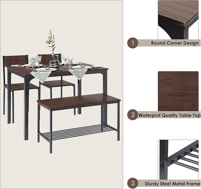SogesHome 4-Piece Kitchen Table and 2 Chairs for 4 with Bench, Dining Table Set for Small Space, Apartment, Living-Room, Restaurant, Dark Walnut - LeafyLoom