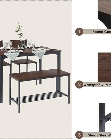 DlandHome 4 Person Dining Table Set, Dining Table with 2 Chairs and 1 Bench,Rectangular Space-Saving Dinner Table with Two Benches for Kitchen,Rustic Oak - LeafyLoom
