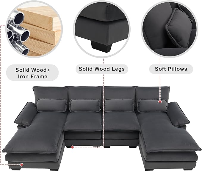 U Shaped Modular Sectional Sofa with Double Chaise Lounge, Chenille Upholstered Symmetrical Cloud Couch with Solid Wood Legs and Waist Pillows, 6 Seater Large Sofa&Couch for Living Room Office - LeafyLoom