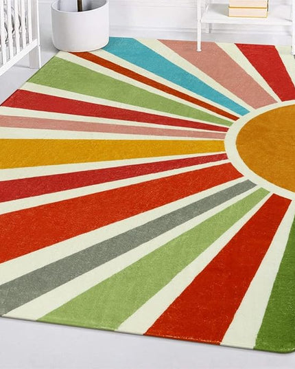 Boho Washable Rug 4'x6' Rug Kids Area Rug for Playroom, Non-Slip Kids Rug for Bedroom, Rainbow Modern Sun Carpet Soft Throw Sunshine Rug for Office Nursery Entryway Dorm - LeafyLoom