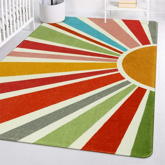 Boho Washable Rug 4'x6' Rug Kids Area Rug for Playroom, Non-Slip Kids Rug for Bedroom, Rainbow Modern Sun Carpet Soft Throw Sunshine Rug for Office Nursery Entryway Dorm - LeafyLoom
