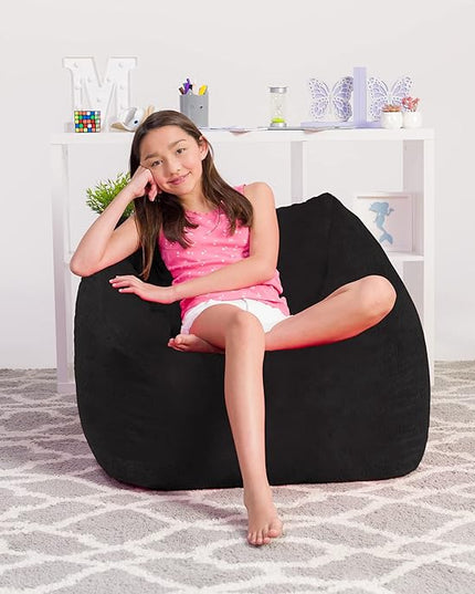 Posh Creations Structured Comfy Bean Bag Chair for Gaming, Reading, and Watching TV, Coronado Chair, Rabbit Fur - Black - LeafyLoom