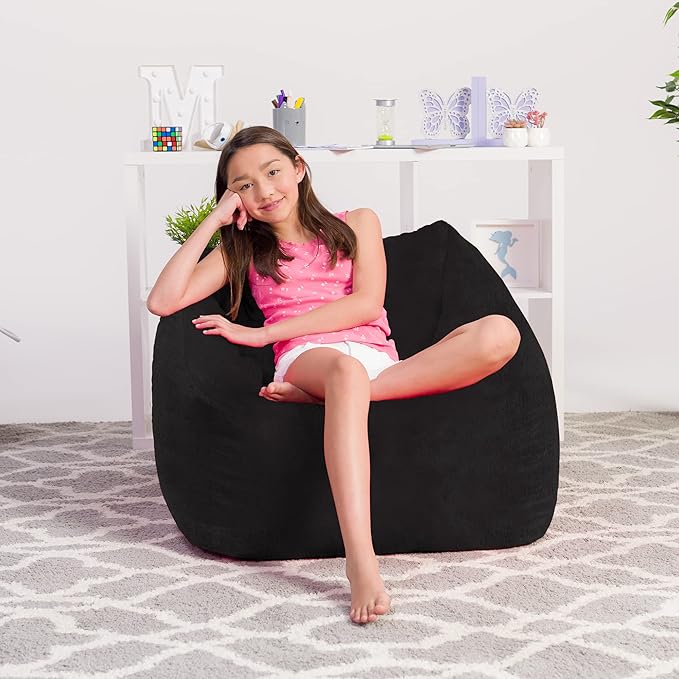 Posh Creations Structured Comfy Bean Bag Chair for Gaming, Reading, and Watching TV, Coronado Chair, Rabbit Fur - Black - LeafyLoom