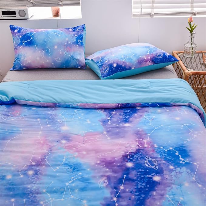 Holawakaka Tie Dye Constellation Print Ombre Comforter Set Full Size Boys Girls Gradient Galaxy Bedding Set (Blue Purple, Full) - LeafyLoom