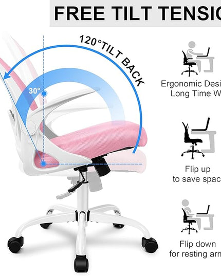 Primy Office Chair Ergonomic Desk Chair with Adjustable Lumbar Support and Height, Swivel Breathable Desk Mesh Computer Chair with Flip up Armrests for Conference Room (Pink) - LeafyLoom