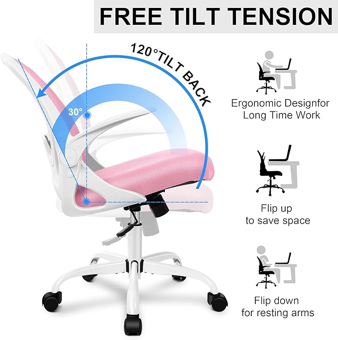 Primy Office Chair Ergonomic Desk Chair with Adjustable Lumbar Support and Height, Swivel Breathable Desk Mesh Computer Chair with Flip up Armrests for Conference Room (Pink) - LeafyLoom