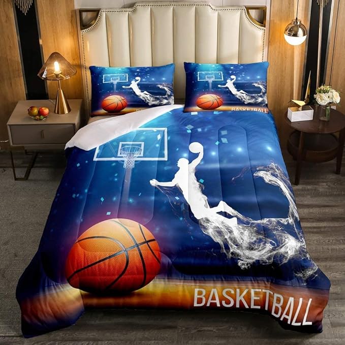 Erosebridal Boys Basketball Comforter Set King Size Basketball Player Quilted Duvet Competitive Sports Game Bedding Set for Kids Teens Man Arena Tie Dye Duvet Set, Blue Room Decorative - LeafyLoom