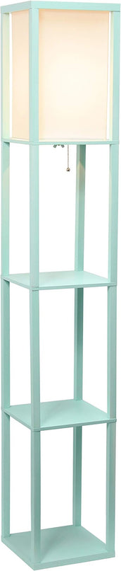 Simple Designs LF1014-AQU-LB Three Shelf Etagere Organizer Storage Floor Lamp with White Linen Shade for Living Room, Bedroom, Office, Hallway, Aqua, with Feit LED Bulb Included - LeafyLoom