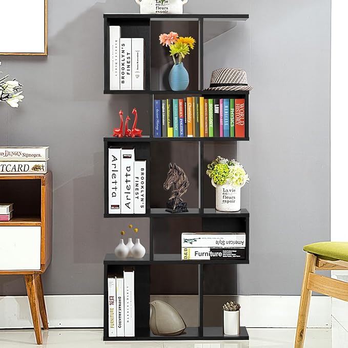 Giantex 5-Tier Geometric Bookshelf Black Set of 2, 70'' Tall Wood Freestanding Decorative Display Open Shelves with Anti-Tipping Device, Each Shelf Holds up to 44 lbs, Wooden S Shaped Bookcase - LeafyLoom