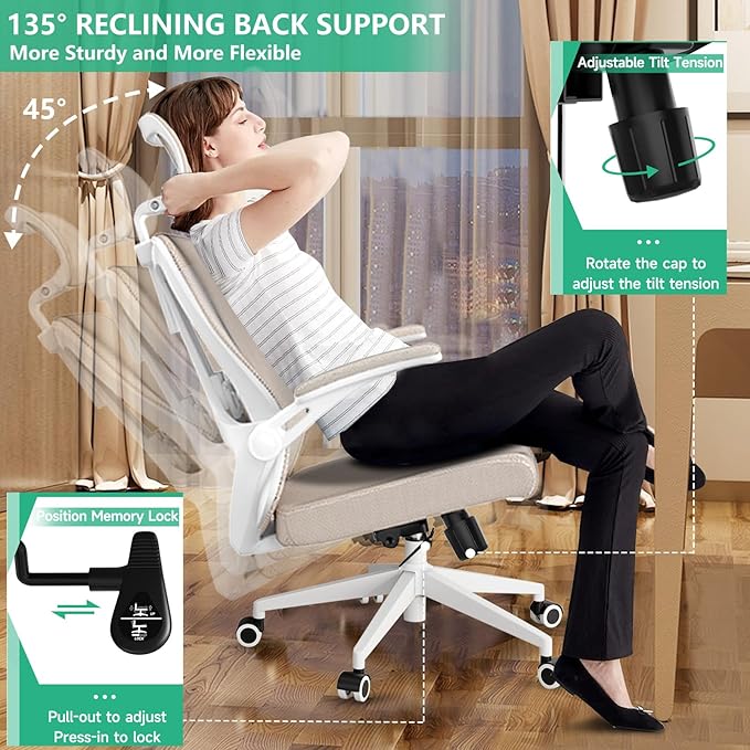 Ergonomic Office Chair - Comfy Desk Chairs with Wheels and Arms, Heavy Duty Mesh Computer Chairs with Comfortable Head Lumbar Back Support for Office, Bedroom, Study and College Dorm (khaki) - LeafyLoom