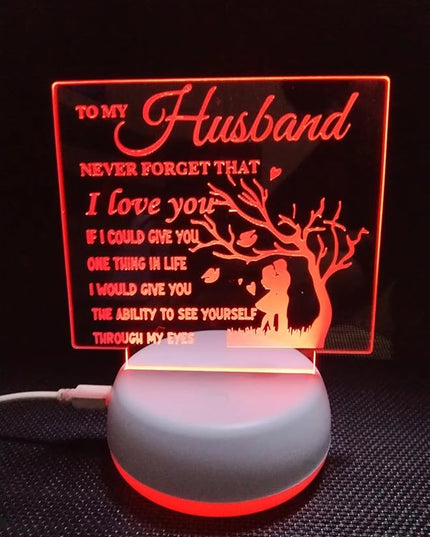 to My Husband from Wife, to My Husband 3D Optical Illusion 2 Functions 7 Color RGB Colorful USB Charging or AA Battery - Acrylic Panel Birthday Wedding Gifts for Husband - LeafyLoom