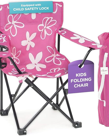 Emily Rose Kids Folding Chair | USA Company | Pink Kid Beach Chair with Safety Lock- Camping Chair for Girls Toddler with Cup Holder & Carry Case- Tailgate, Travel, Beach, Lawn- for Indoor & Outdoor - LeafyLoom